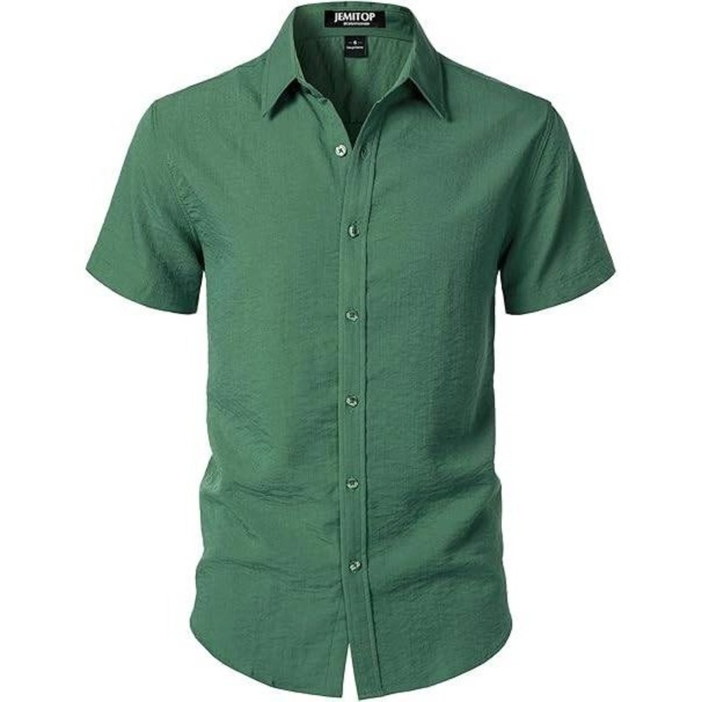 JEMITOP Button Down Shirt Men Large Green Stretch Textured Short Sleeve Casual